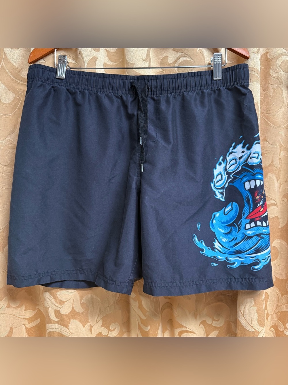 Santa Cruz Skateboards Black Swim Trunks with Blue Red Graphic